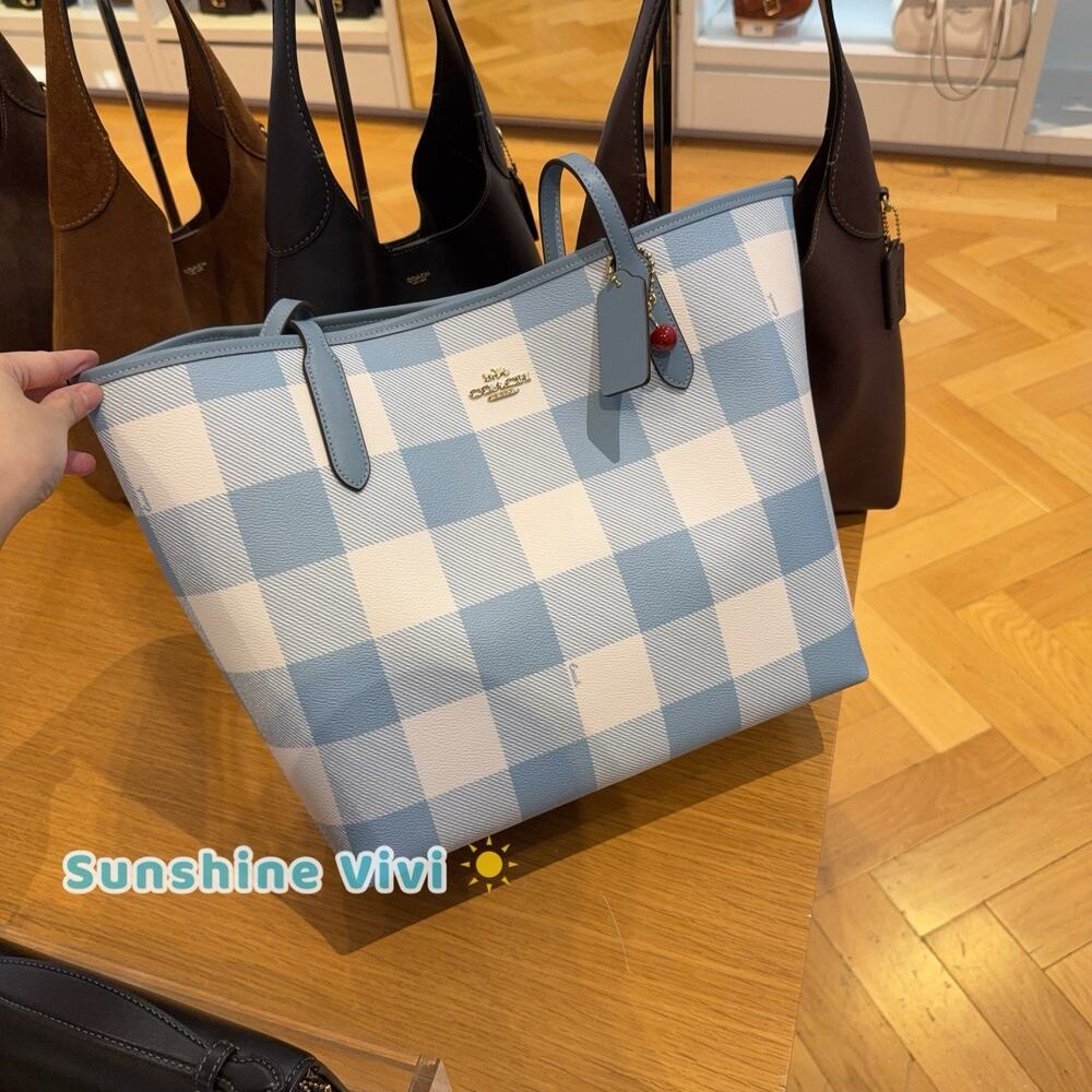 NWT Coach City Tote Bag With Gingham Print And Charm CES64 canvas/Gold/Blue